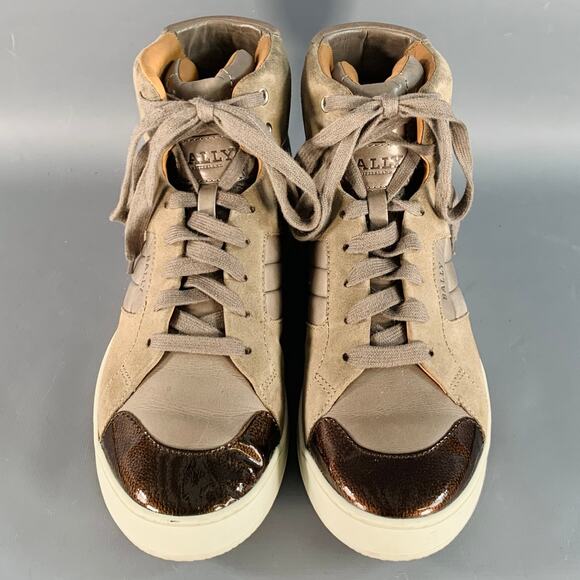 BALLY Size 8.5 Brown Taupe Color Block Leather High Top Sneakers - Picture 4 of 8